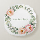 Elegant Pink Floral Watercolor Wreath Personalized Round Cushion<br><div class="desc">Add a soft, romantic touch to your home decor with our personalized round floral pillow. Featuring a delicate, hand-painted watercolor flower wreath, this unique circular throw pillow is the perfect accent for a nursery, bedroom, or cozy reading nook. You can easily customize the center with a name, initial, or a...</div>