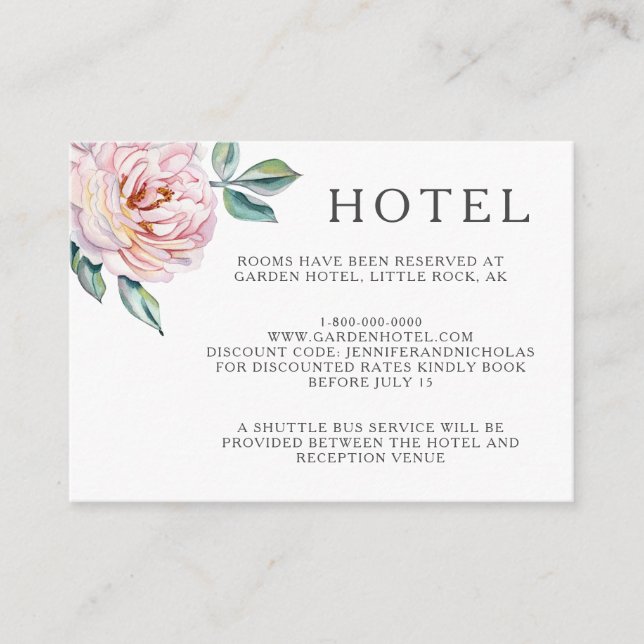 Elegant Pink Floral Wedding Accommodations Enclosure Card (Front)
