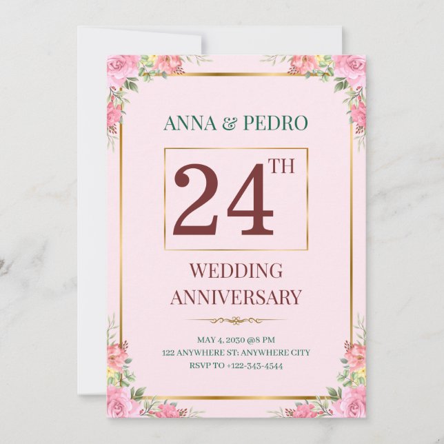 Elegant Pink Floral Wedding Anniversary  Invitation (Front)