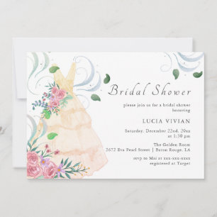 Elegant Pink Floral Wedding Dress Bridal Shower Invitation