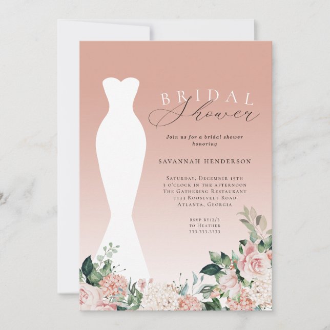 Elegant Pink Floral Wedding Dress Bridal Shower Invitation (Front)