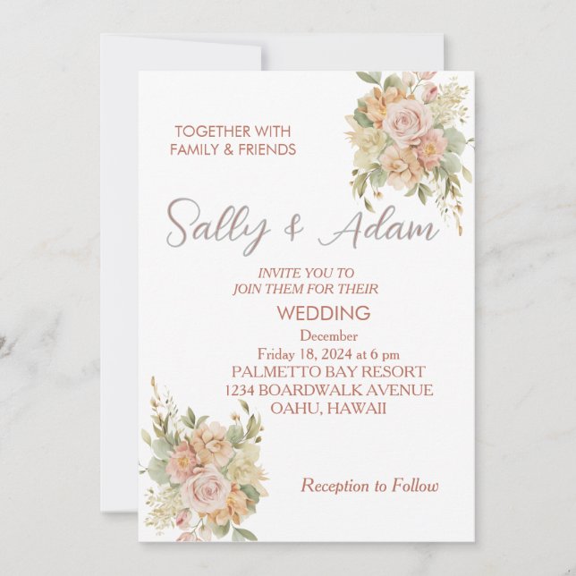 Elegant Pink Floral Wedding Invitation (Front)