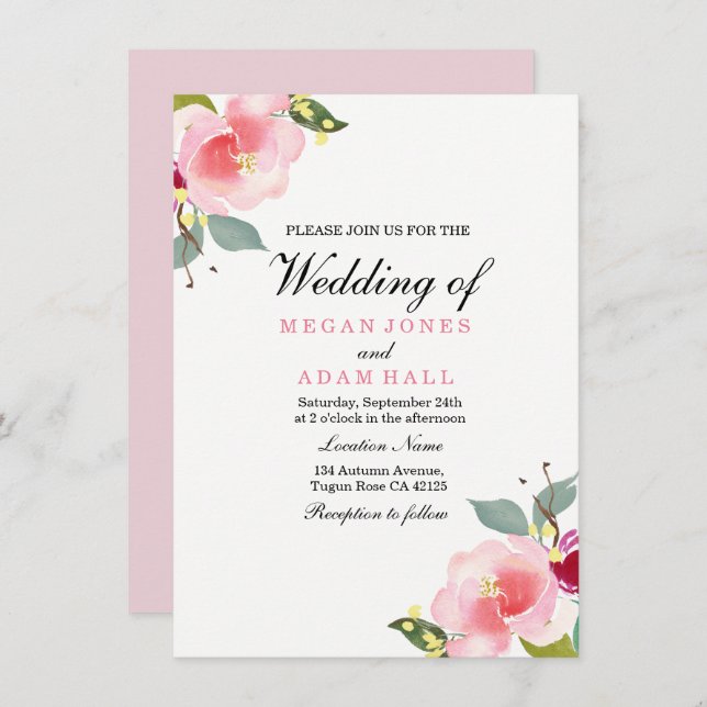 Elegant Pink Floral Wedding Invitation (Front/Back)