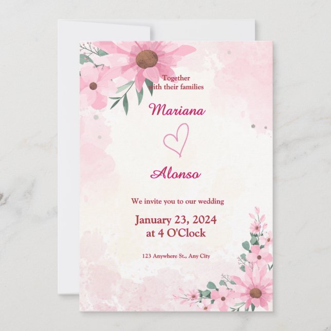 Elegant Pink Floral Wedding Invitation (Front)
