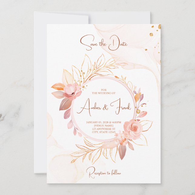 Elegant Pink Floral Wedding Invitation w/ QR Code (Front)