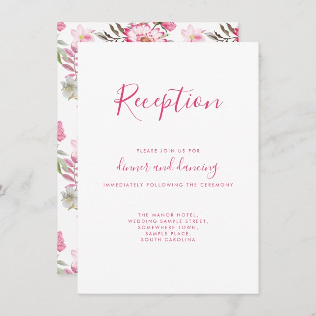 Elegant Pink Floral Wedding Reception Card (Front/Back)