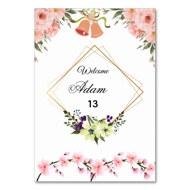 Elegant Pink Floral Wedding Table Number Card (Front)
