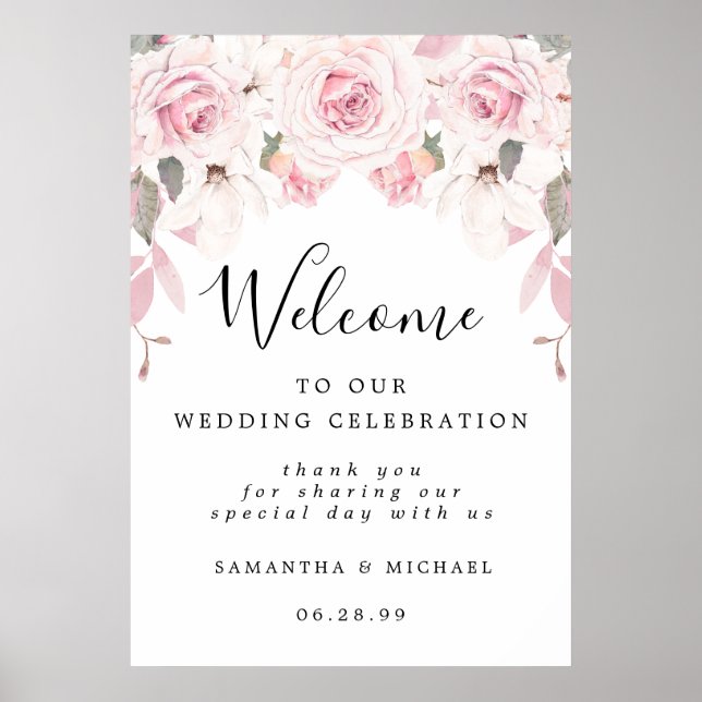 Elegant Pink Floral Welcome to Our Wedding Sign (Front)