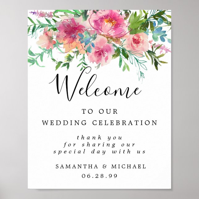 Elegant Pink Floral Welcome to Our Wedding Sign (Front)