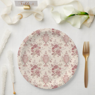 Elegant Pink Floral Whimsical Vases Paper Plate