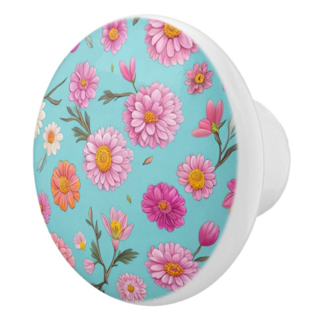 Elegant pink floral white daisies pink flowers ceramic knob (Right)