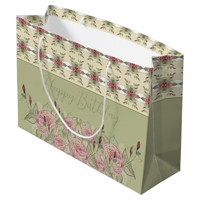 Elegant Pink Floral With Green Large Gift Bag (Back Angled)