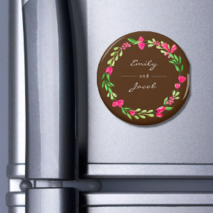 Elegant Pink Floral Wreath Brown Name of Couple Magnet
