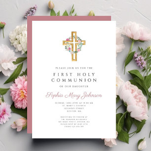 Elegant Pink Floral Wreath Cross First Communion  Invitation