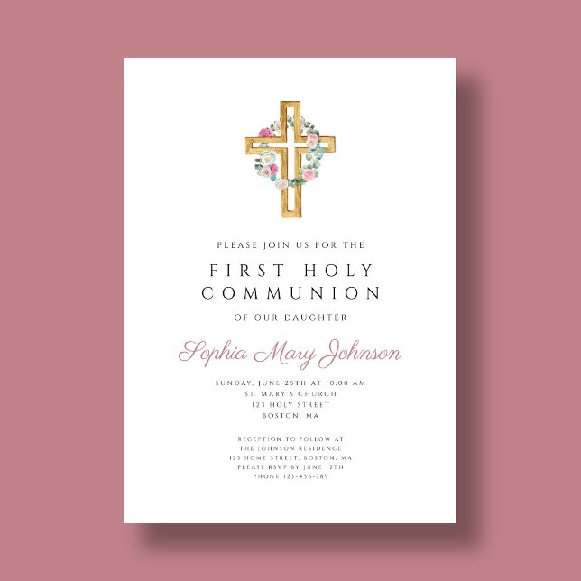Elegant Pink Floral Wreath Cross First Communion  Invitation (Elegant Pink Floral Wreath Cross First Communion Invitation)