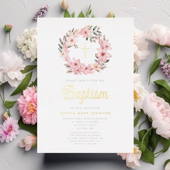 Elegant Pink Floral Wreath Girl Baptism  (Elegant Pink Floral Wreath Girl Baptism Foil Invitation)