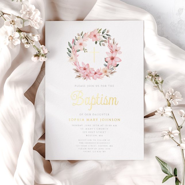 Elegant Pink Floral Wreath Girl Baptism  (Elegant Pink Floral Wreath Girl Baptism Foil Invitation)