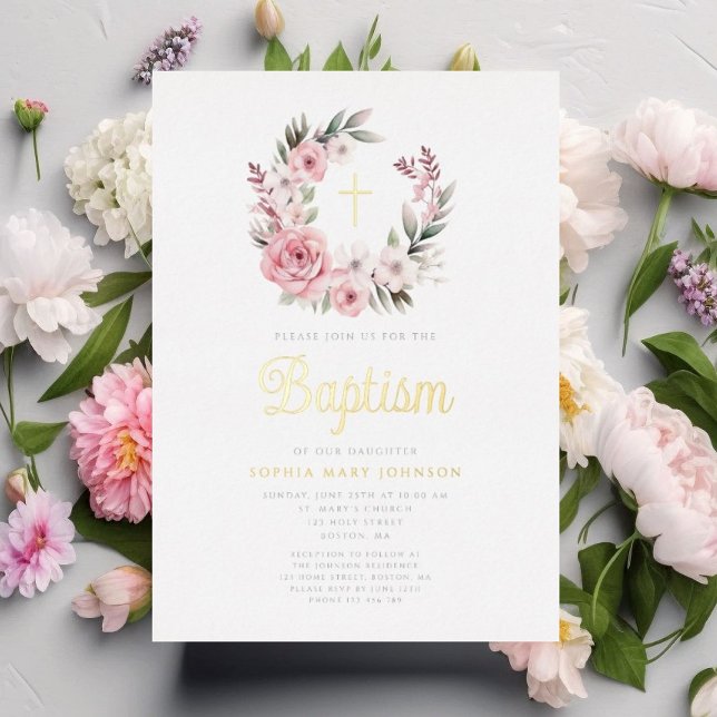 Elegant Pink Floral Wreath Girl Baptism Gold (Elegant Pink Floral Wreath Girl Baptism Gold Foil Invitation)