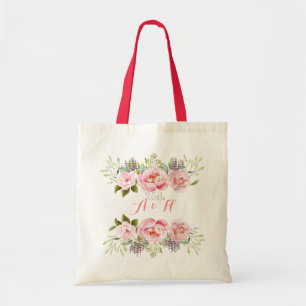 Elegant Pink Floral Wreath Monogram Wedding Gift Tote Bag