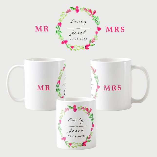 Elegant Pink Floral Wreath MR MRS Wedding Names Coffee Mug (Elegant Pink Floral Wreath MR MRS Wedding Names Coffee Mug)