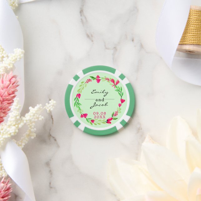 Elegant Pink Floral Wreath Pale Green Wedding  Poker Chips (Wedding)