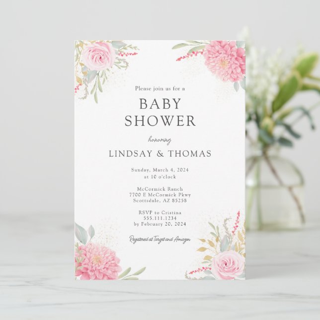 Elegant Pink Florals Baby Shower Invitation (Standing Front)