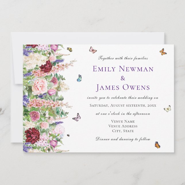 Elegant Pink Florals & Butterflies | Wedding Invitation (Front)