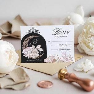 Elegant Pink Florals Moon Stars Tiara Quinceañera RSVP Card