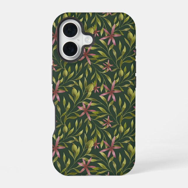 Elegant Pink Flower Pattern on Dark Background iPhone 16 Case (Back)