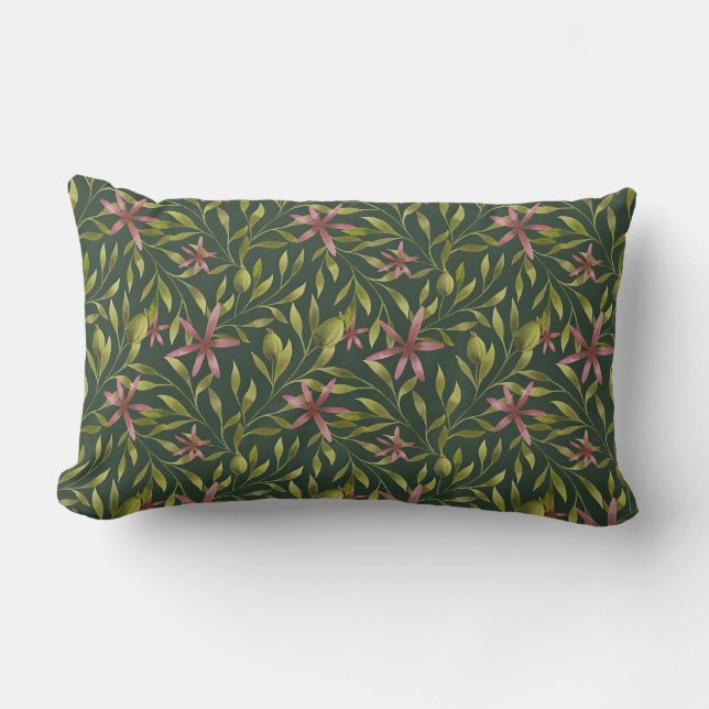 Elegant Pink Flower Pattern on Dark Background Lumbar Cushion (Front)