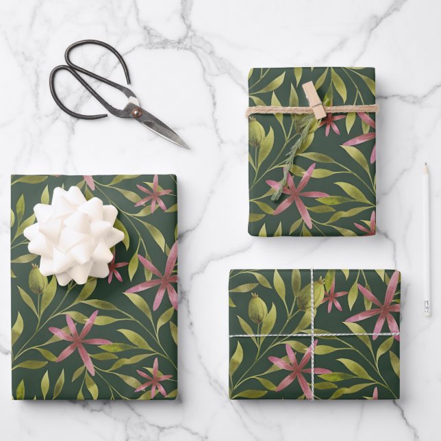 Elegant Pink Flower Pattern on Dark Background Wrapping Paper Sheet (Front)