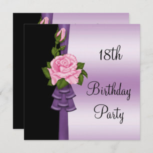 Elegant Pink Flower & Purple Ribbon 18th Birthday Invitation