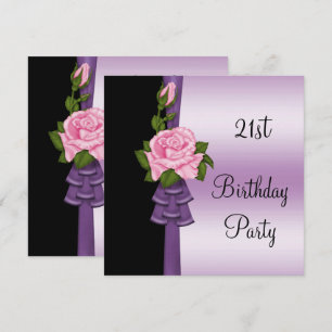 Elegant Pink Flower & Purple Ribbon 21st Birthday Invitation