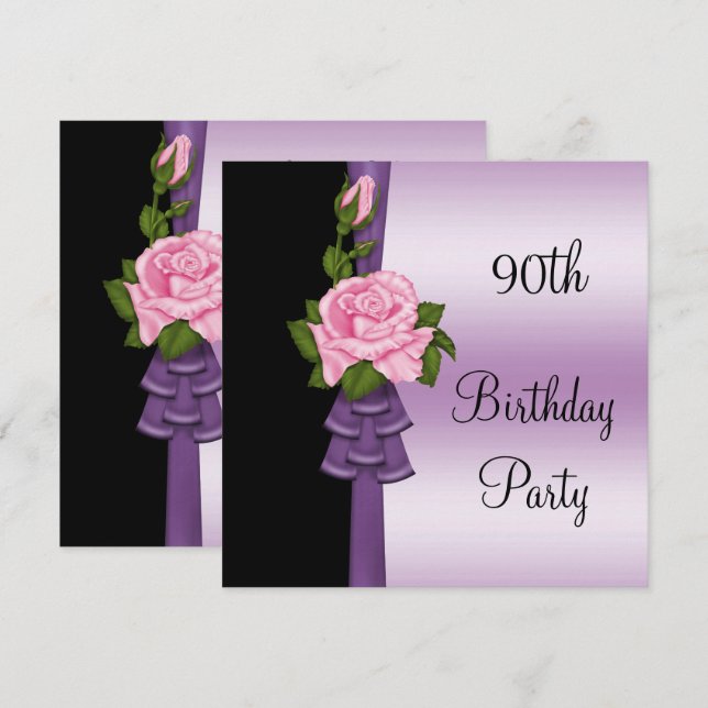 Elegant Pink Flower & Purple Ribbon 90th Birthday Invitation (Front/Back)
