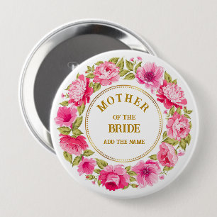 Elegant Pink Flower Wreath Mother of The Bride 10 Cm Round Badge