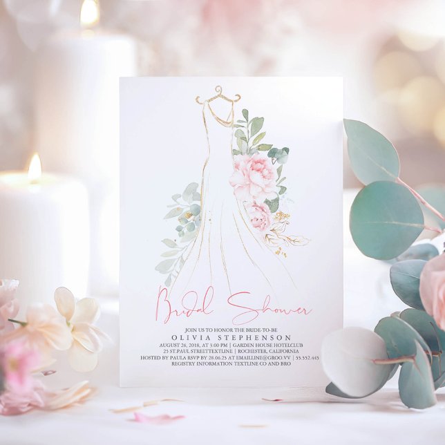 Elegant Pink Flowers and Greenery Bridal Shower Invitation (Pink Floral Dress Bridal Shower Invitation)