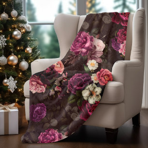 Elegant pink flowers and roses black floral fleece blanket