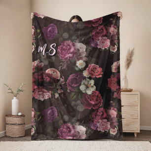 Elegant pink flowers and roses black floral fleece blanket