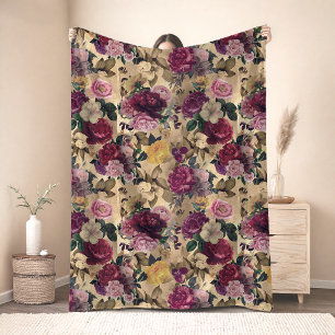 Elegant pink flowers and roses yellow floral fleece blanket