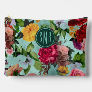 Elegant pink flowers aqua pattern monogram accessory pouch