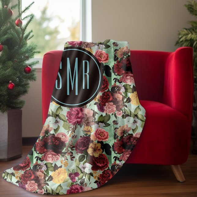Elegant pink flowers aqua pattern monogram fleece blanket (Creator Uploaded)