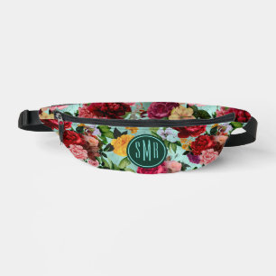 Elegant pink flowers aqua pattern monogram printed bum bags