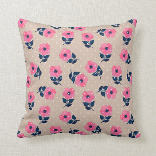 Elegant Pink Flowers Beige Polka Dots Pattern Cushion