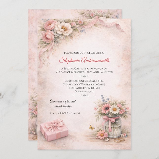 Elegant Pink Flowers Birthday Party | Invitation (Front/Back)