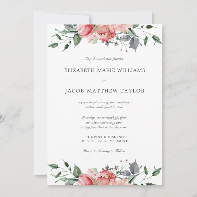 Elegant Pink Flowers & Calligraphy Wedding Invitation (Front)