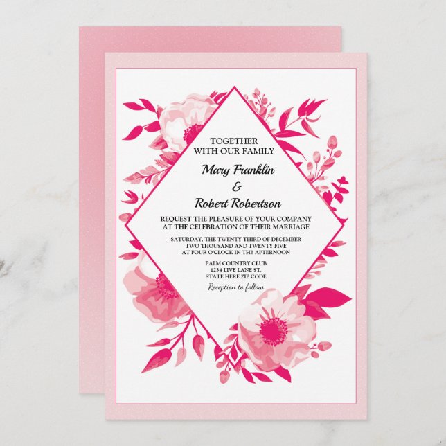 Elegant Pink Flowers Diamond Wedding Invitation (Front/Back)