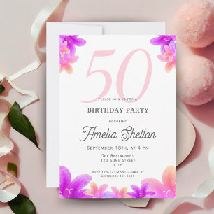 Elegant Pink Flowers Floral 50th Birthday Party Invitation