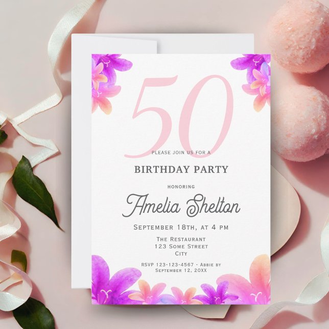Elegant Pink Flowers Floral 50th Birthday Party Invitation (Creator Uploaded)