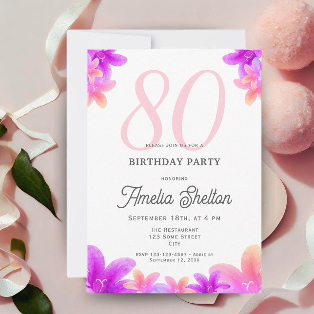 Elegant Pink Flowers Floral 80th Birthday Party Invitation (Creator Uploaded)