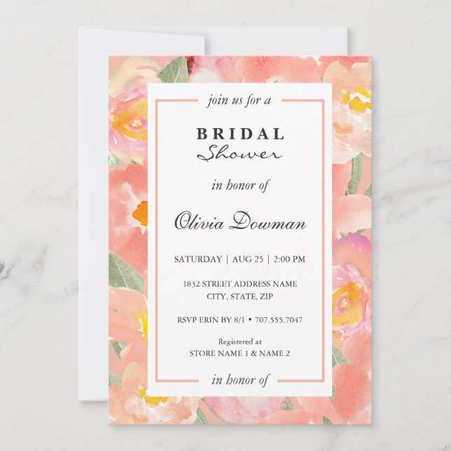 Elegant pink flowers frame. Trendy Bridal Shower Invitation (Front)